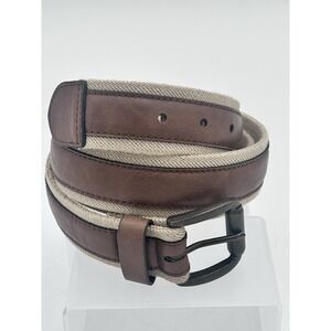Men's Leather Canvas Web Belt Tan‎ with Brown Trim Brass Buckle Sz 44 Preppy